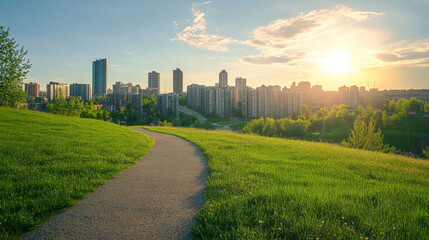 Obraz premium City skyline, summer urban view background with skyscrapers, green lawn and pathway. Summertime cityscape. downtown with architecture with residential buildings panorama, Cartoon vector illustration