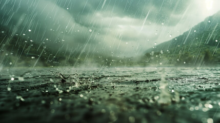 Heavy Rain Falling on a Puddle with Mountains in Background