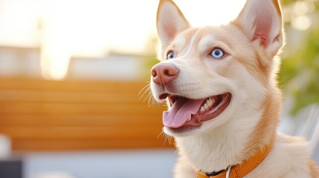 Siberian husky with striking blue eyes gazes into the sunset glow