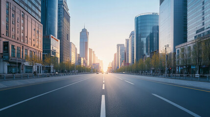 Fototapeta premium Modern city road perspective. Contemporary vector illustration of urbant street with empty asphalt driveway and high-rise apartment and office buildings under clear blue sky. Cityscape background