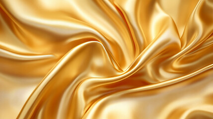 Golden silk fabric liquid texture. Realistic vector background of satin glossy cloth with abstract waves and ripples. Luxury soft smooth gold colored drapery with folds. Elegant material with wrinkles