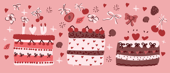 Decorative cakes with hearts and cherries on a pink background. Hand drawn romantic elements set in coquette doodle.