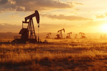 Oil pumps extracting crude oil across barren desert landscape, silhouetted against fiery sunset sky, symbolizing industrial energy extraction and persistent resource exploration