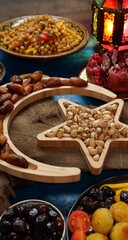 Ramadan kareem with dates, nuts and sweets arranged in shape of islamic crescent moon and star. Iftar food concept, holiday table