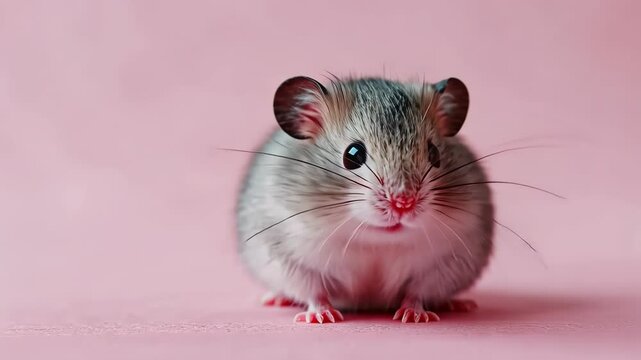 Cute gray hamster on a soft pink background showcasing its playful nature and charming features