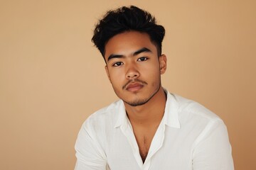 Obraz premium Portrait of a Young Handsome Man with Dark Hair Wearing a Stylish White Shirt on a Beige Background Studio Shot Male Model Fashion Photography guy 