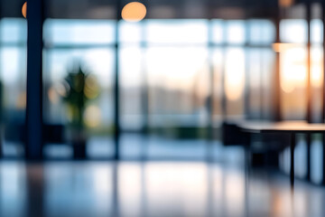 Beautiful blurred background of a light modern office interior with panoramic windows and beautiful lighting.