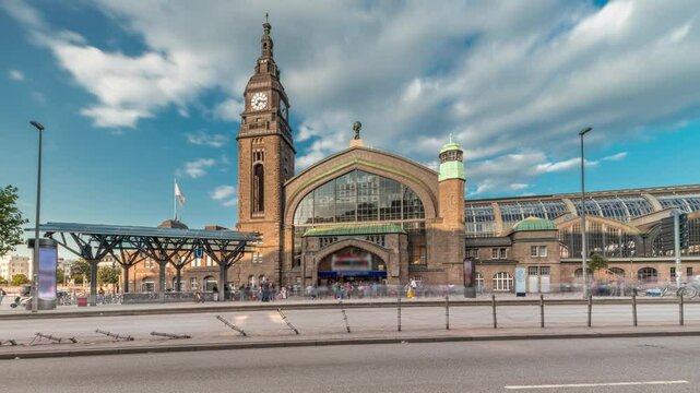 Entrance to Hamburg Hauptbahnhof timelapse hyperlapse, the main railway station, Germany. Classified as a category 1 station by Deutsche Bahn. Traffic and activity around the historic structure