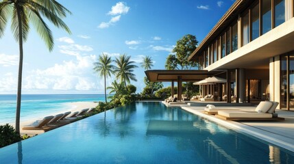 Fototapeta premium Luxury beachfront villa with infinity pool, palm trees, and ocean view.