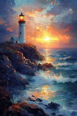 Sunset lighthouse view over ocean waves coastal scene digital art serene environment vibrant colors