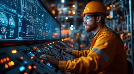 Focused engineer monitors industrial control panel, showcasing advanced technology and meticulous work in a modern factory setting.