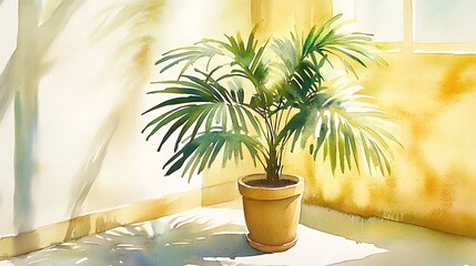 Obraz premium A tranquil watercolor interpretation of a potted palm tree in a bright interior, gentle light, relaxed mood 