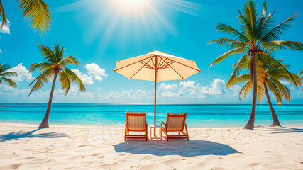 Romantic beach landscape. Couple chairs umbrella sunshine blue sky happy clouds. Dream beach honeymoon vacation. Best love destination travels. Amazing leisure relax wellbeing