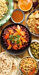 A dish of beans on the table. Women's hands serve a table for iftar dinner during Ramadan