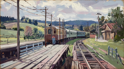 impressionistic painterly style loose painting of  railway in the mountains