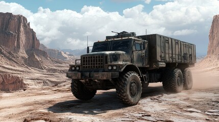 Obraz premium Military cargo truck driving on a desert road.