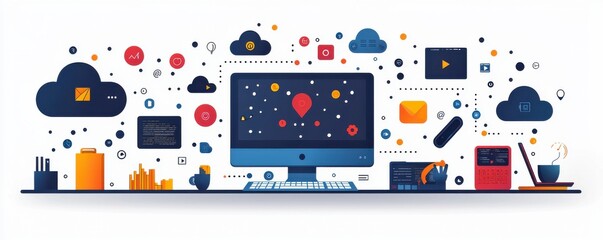 Obraz premium Innovative office illustration featuring cloud computing and modern digital tools