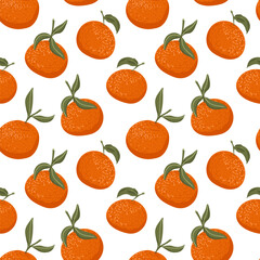 Seamless pattern of bright orange tangerines with juicy citrus texture. Vibrant fruit illustration with a fresh, hand drawn design. Ideal for textile, wallpaper, wrapping paper, interior decor