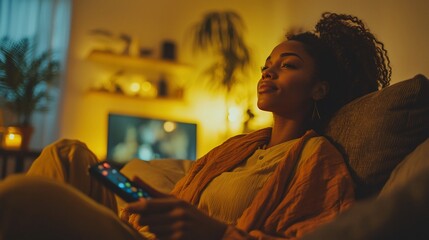 Relaxed woman watching TV at home at night.