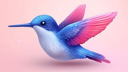 Fototapeta premium A colorful hummingbird with pink and blue wings against a light pink background