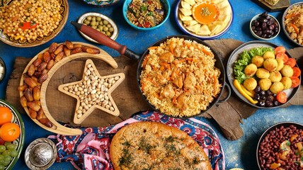Ramadan Iftar food on the table. Women's hands serve a table for iftar dinner. Traditional Falafel