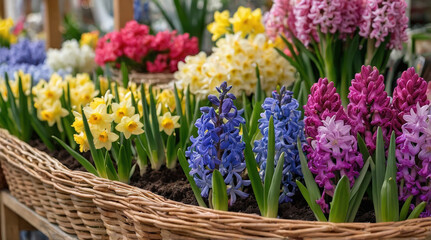 Vibrant Flower Arrangement: Yellow Daffodils and Blue and Pink Hyacinths in a Wicker Basket