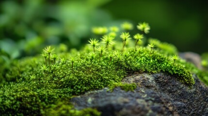 Fototapeta premium Lush green moss covers a rugged rock. Tiny plants emerge from the moss, creating a vibrant display of nature. This serene scene showcases the beauty of growth. Generative AI