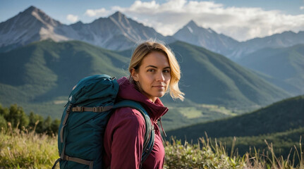 Naklejka premium Solo Traveler: Woman with Backpack Trekking Through Scenic Mountain Trails in Stunning Landscape