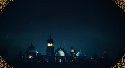 Obraz premium Mosque, silhouette and domes at night with Islamic architecture, Ramadan celebration and spiritual ambiance. Traditional minarets and golden ornaments for religious holiday, prayer and cultural herita