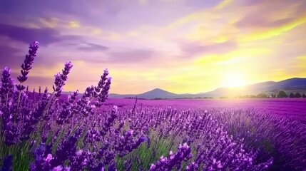 Fototapeta premium A breathtaking lavender field at sunrise. A picturesque view of a purple flower field bathed in golden sunlight. Nature's beauty at its finest.