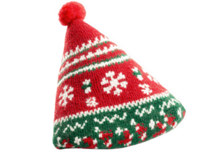 Festive Christmas party hat with red and green patterns, featuring snowflakes and pom pom on top, perfect for holiday celebrations and gatherings