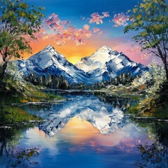 Obraz premium Mountain sunset reflection over calm lake nature landscape vibrant colors scenic viewpoint