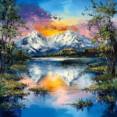 Obraz premium Serene sunset reflection over alpine lake majestic mountains nature scene tranquil environment wide viewpoint