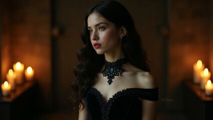 Fototapeta premium Elegant portrait of a young woman in a black velvet dress against a Gothic backdrop illuminated by candlelight 