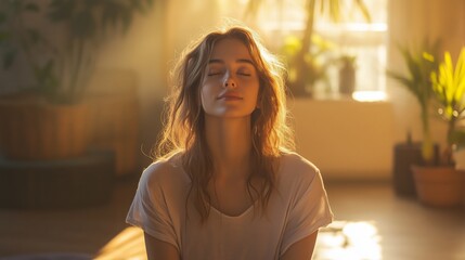 A woman practicing mindfulness meditation in a sunlit room, embracing relaxation, peace, and inner balance for mental well-being.