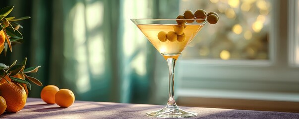 Elegant martini glass with green olives in sunlit indoor setting