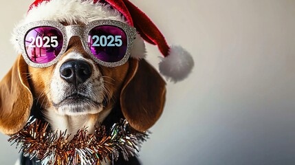 Festive beagle dog celebrating 2025 New Year. Joyful pet with Santa hat, 2025 glasses for holiday greeting cards, advertising. Copy space.