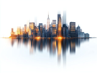 Obraz premium Panoramic view of Manhattan illuminated skyline reflecting on water, showcasing modern architecture and vibrant city lights. stunning urban landscape at dusk