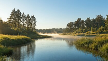 Sunrise over Calm Lake with Mist and Pine Trees
