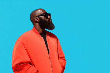 Stylish black man with beard wearing sunglasses and red jacket on blue background