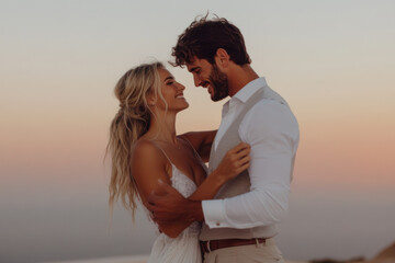 Bride and groom embracing at sunset on their wedding day