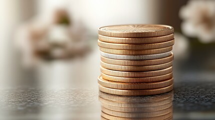 Stacked golden coins on a reflective surface with soft floral background, symbolizing wealth