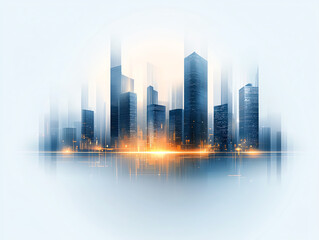 Obraz premium Futuristic city skyline with glowing lights and tall buildings, showcasing modern architecture and vibrant atmosphere