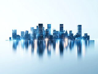 Fototapeta premium modern city skyline with illuminated buildings reflecting on water, creating serene and futuristic atmosphere. scene captures essence of urban life and innovation