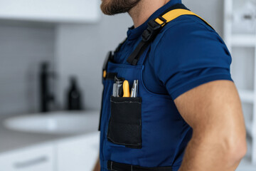 Fototapeta premium Professional plumber wearing blue overalls holding tools in pocket in bathroom setting
