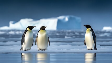 Obraz premium Three Emperor Penguins stand on ice with an iceberg background and ocean reflection