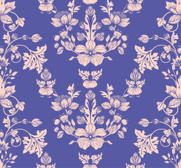 Seamless pattern with flowers and leaves in modern damask style for tapestry, fabric, wallpaper