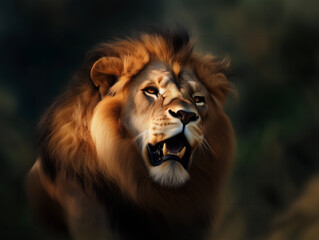 Fototapeta premium Stunning close-up headshot portrait of a roaring alpha male lion, showcasing its fierce power and dominance, with a thick, golden mane and huge canines, embodying the majestic king of the wild