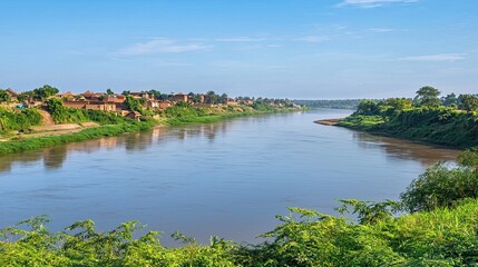 Obraz premium A serene landscape of the Niger River with a traditional village in the distance, warm tones. Copy space.