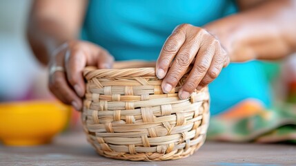 Bamboo basket weaving by skilled Indian artisan in soft natural light